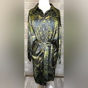Antonio Melani NWT Size 10 Green Baroque Satin Button Front Midi Dress